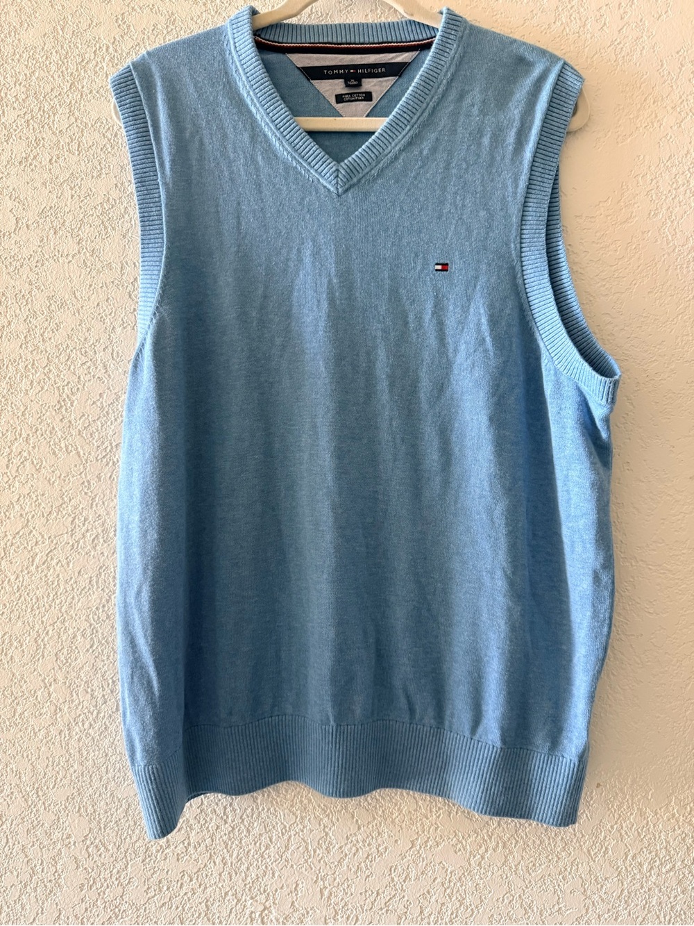 TOMMY HILFIGER V Neck Sweater Vest Blue Casual Preppy Pima Cotton Ribbed Mens XL
